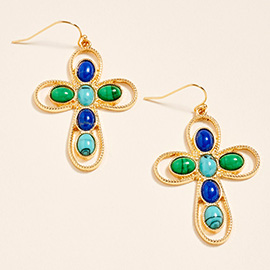 Oval Stone Accent Cross Dangle Earrings