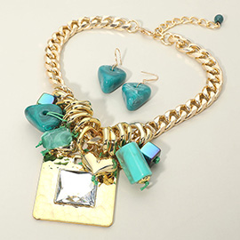 Bold Stone Center Metal Square Plate Accent Multi Charm Beaded Chunky Chain Statement Necklace