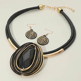 Bold Teardrop Stone Accent Spiral Wire Decor Layered Faux Leather Statement Necklace