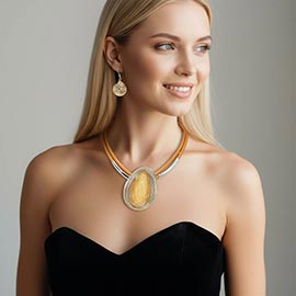 Bold Teardrop Stone Accent Spiral Wire Decor Layered Faux Leather Statement Necklace
