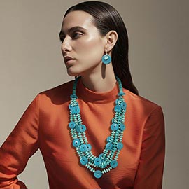 Resin Disc Charm Beaded Layered Statement Long Necklace