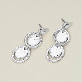Hammered Metal Layered Oval Disc Link Drop Earrings