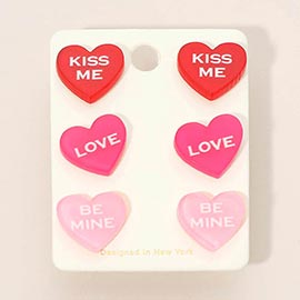 3Pairs - KISS ME LOVE BE MINE Heart Stud Earring Set