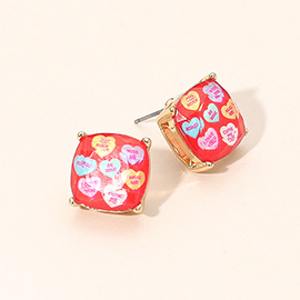 Valentines Love Message Heart Square Cushion Stud Earrings