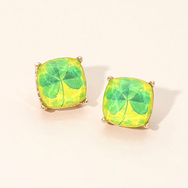 St Patricks Shamrock Clover Square Cushion Stud Earrings