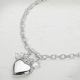 Puffy Metal Pearl Heart Stone Charm Toggle Pendant Necklace