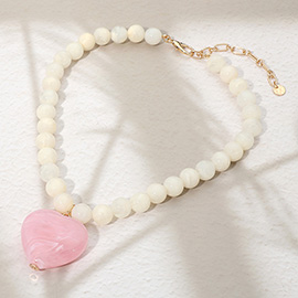 Chunky Marbled Resin Heart Charm Beaded Necklace