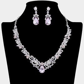 Teardrop Stone Cluster Accent Rhinestone Paved Leaf Embellished Necklace