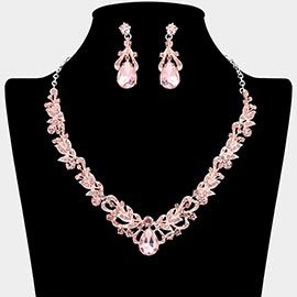 Teardrop Stone Cluster Accent Rhinestone Paved Leaf Embellished Necklace