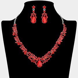 Teardrop Stone Cluster Accent Rhinestone Paved Leaf Embellished Necklace