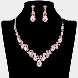 Teardrop Stone Cluster Accent Rhinestone Paved Leaf Embellished Necklace