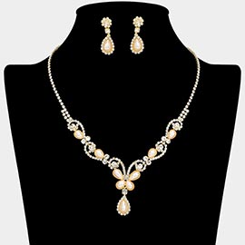 Teardrop Pearl Embellished Rhinestone Paved Necklace