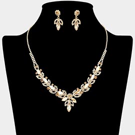 Marquise Stone Cluster Leaf Drop Rhinestone Paved Necklace