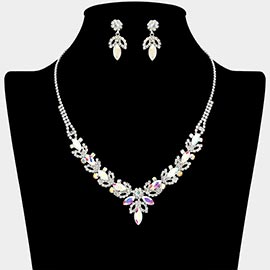Marquise Stone Cluster Leaf Drop Rhinestone Paved Necklace