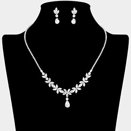 Teardrop CZ Stone Cluster Drop Floral Necklace