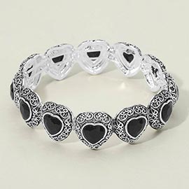 Antique Metal Scrollwork Frame Heart Tile Beaded Stretch Bracelet