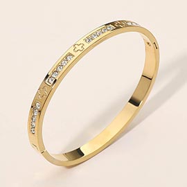 Stainless Steel CZ Accent Quatrefoil Engraved Hinged Bangle Bracelet