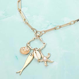 Pearl Accent Starfish Shell Fish Charm Link Necklace