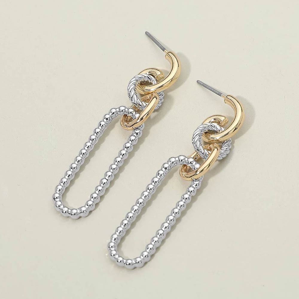 Two Tone Metal Beaded Link Drop Earrings