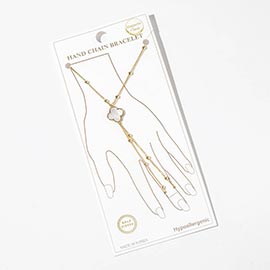 Gold Dipped Beaded Mother of Pearl Quatrefoil Accent Hand Chain Magnetic Bracelet