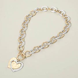 Hammered Layered Heart Pendant Chunky Chain Toggle Necklace