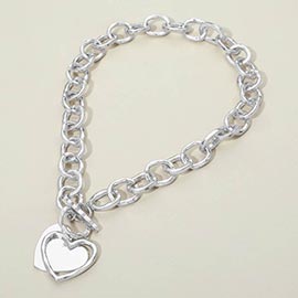 Hammered Layered Heart Pendant Chunky Chain Toggle Necklace