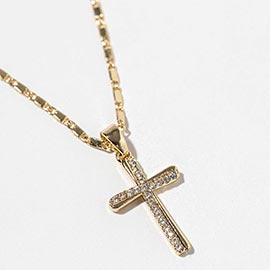 Gold Dipped CZ Paved Cross Pendant Necklace