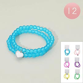 12 SET OF 2 - Mother of Pearl Heart Charm Beaded Stretch Double Layered Bracelets