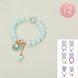 12PCS - Pearl Accent Shell Charm Beaded Stretch Bracelets