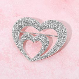 Rhinestone Pave Double Layered Open Heart Pin Brooch