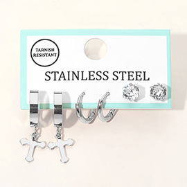 3Pairs - Stainless Steel Cross Charm Huggie Hoop Stone Stud Earring Set