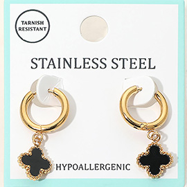 Stainless Steel Quatrefoil Charm Drop Dangle Huggie Hoop Earrings