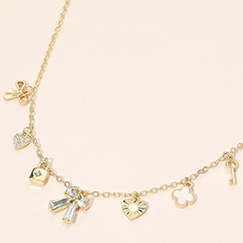 Gold Dipped Bow Quatrefoil Lock Heart Charm Station Necklace