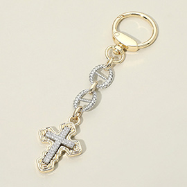 14K Gold Plated Two Tone CZ Pave Cross Drop Bag Charm Keychain