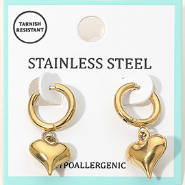 Stainless Steel Heart Charm Drop Dangle Huggie Hoop Earrings