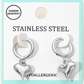 Stainless Steel Heart Charm Drop Dangle Huggie Hoop Earrings