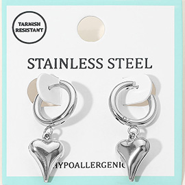 Stainless Steel Heart Charm Drop Dangle Huggie Hoop Earrings