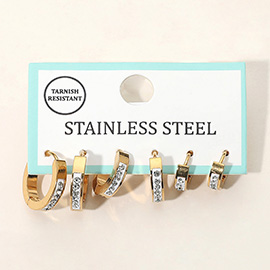 3Pairs - Stainless Steel Stone Pave Bar Huggie Hoop Earring Set