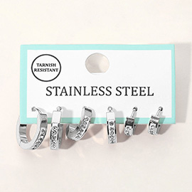 3Pairs - Stainless Steel Stone Pave Bar Huggie Hoop Earring Set