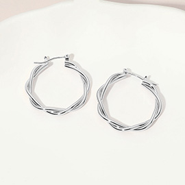 Silver Dipped Twisted Pin Catch Hoop Earrings