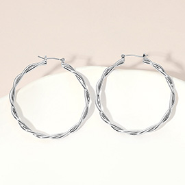 Silver Dipped Twisted Pin Catch Hoop Earrings