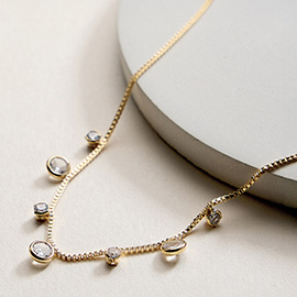 18K Gold Filled CZ Stone Bezel Charm Station Necklace