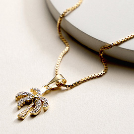 18K Gold Filled CZ Stone Paved Palm Tree Pendant Necklace