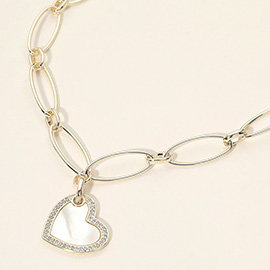 14K Gold Plated Oval Link CZ Rim Mother of Pearl Heart Pendant Necklace