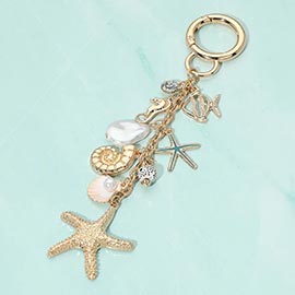 Pearl Shell Starfish Sea Life Charm Embellished Keychain Bag Charm