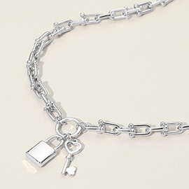 Chunky Metal Padlock Key Pendant Industrial Link Chain Necklace
