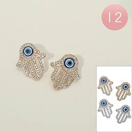 12Pairs - Evil Eye Accent Rhinestone Pave Hamsa Hand Earrings