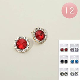 12Pairs - Round Stone Stud Earrings