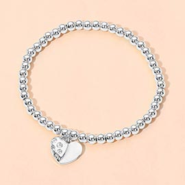Stainless Steel Heart Charm Beaded Stretch Bracelet