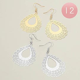 12Pairs - Teardrop Filigree Drop Dangle Earrings